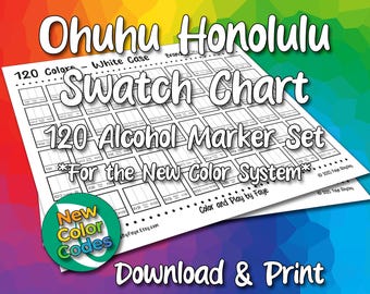 Nuevos números Ohuhu Honolulu 120 *Estuche blanco* Tabla de muestras para juego de marcadores de alcohol con punta de pincel / Página de tabla de colores en PDF imprimible / Carta y A4