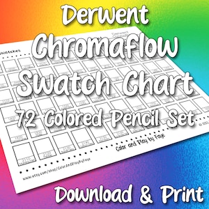 Tabela de Amostras para Conjunto de Lápis de Cor Derwent Chromaflow 72 | Página de Amostras de Cores em PDF para Impressão DIY | Papel tamanho Carta EUA e A4