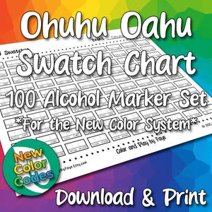 以下が含まれることがあります： Ohuhu Oahu 100 アルコールマーカー用の白いスウォッチチャート。チャートには、色のスウォッチ用のボックスと「Swatch Chart」および「100 Alcohol Marker Set」というテキストが含まれています。「Download & Print」というテキストが入ったカラフルな背景も表示されます。
