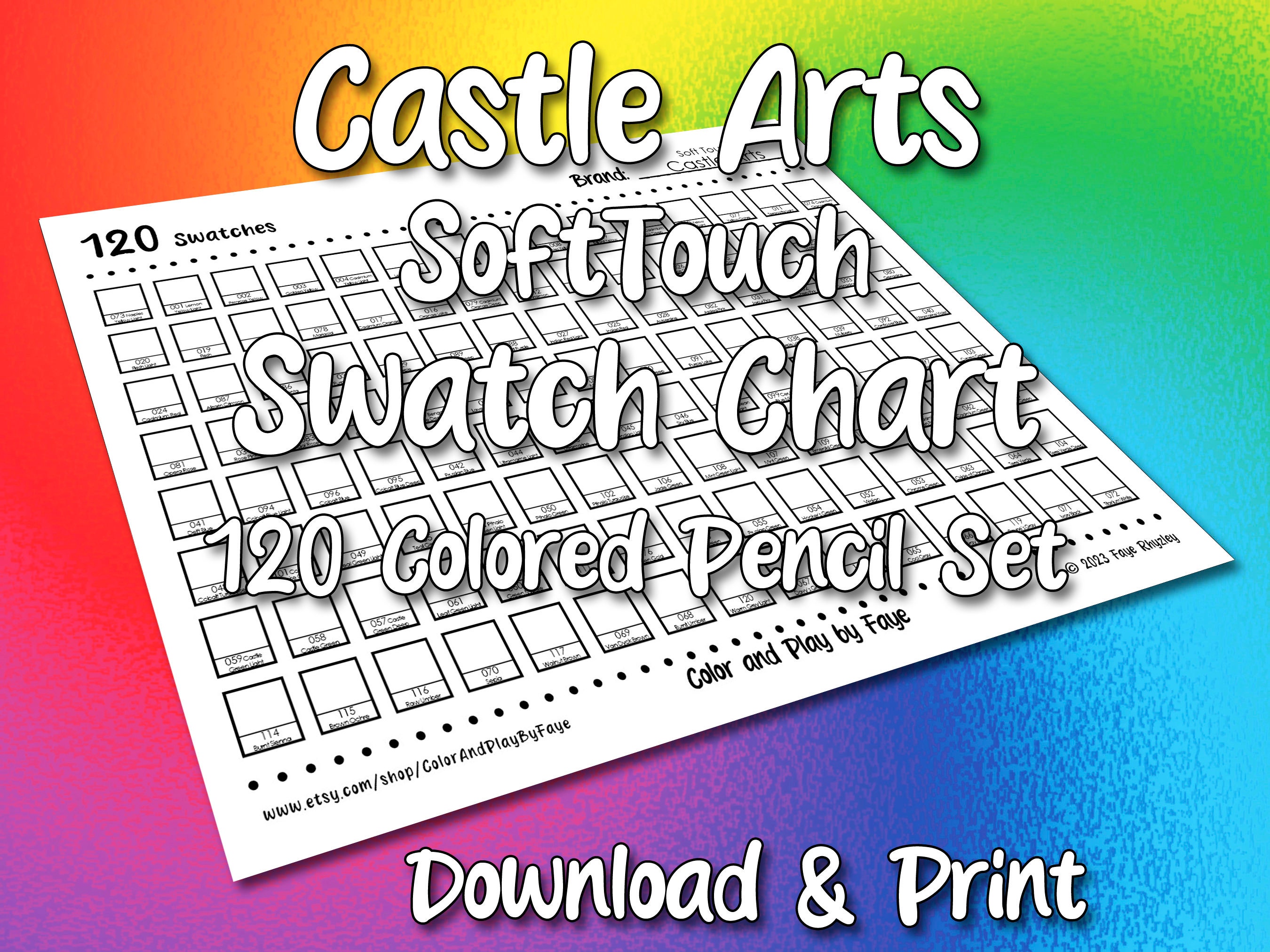 Castle Arts 120 Swatch Chart for Soft Touch Colored Pencil Set | DIY Printable PDF Color Chart Swatch Page | US Letter & A4 Size Paper