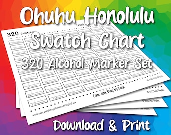 Ohuhu Honolulu 320 Marker Swatch blanco grafiek afdrukbaar | DIY-kleurenkaart | Thuis downloaden en afdrukken | Digitale PDF | US Letter- en A4-formaat