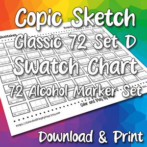 Tabella dei campioni Copic Sketch 72 per il set di pennarelli ad alcol con punta a pennello D / Pagina di campioni di colori in formato PDF stampabile fai da te / Carta formato lettera USA e A4