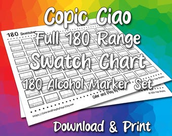 Tabella dei campioni Copic Ciao 180 per la gamma di pennarelli ad alcool con punta a pennello / Pagina di campioni di tabella colori PDF stampabile fai da te / Carta formato lettera USA e A4