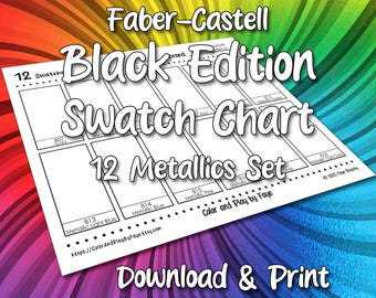 Faber Castell Black Edition 12 Swatch Chart for Metallic Colored Pencil Set (includes Names!) | DIY Printable PDF Color Chart Page | US & A4
