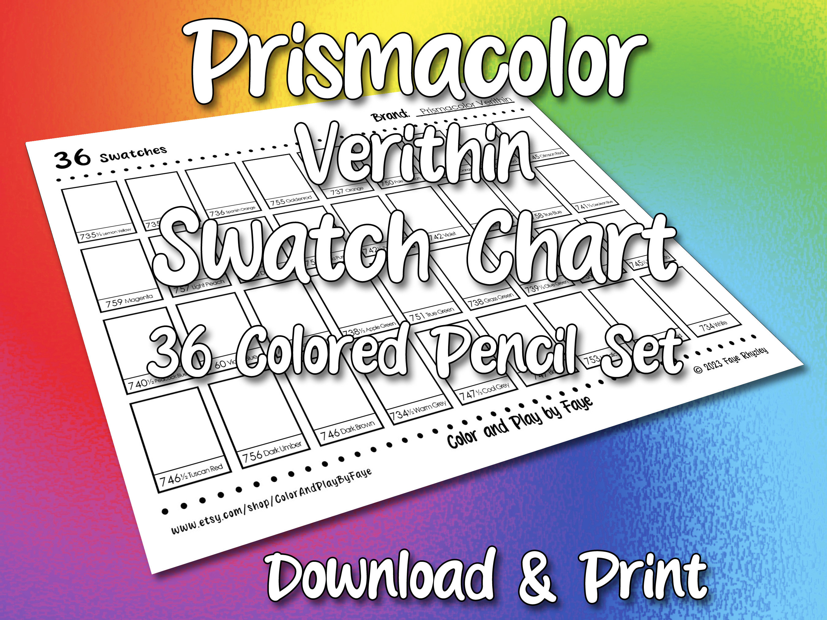 Prismacolor Verithin 36 Swatch Page DIY Colored Pencil Charts Download ...