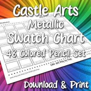 Castle Arts metallic 48 kleurpotloodset kleurpotloden | DIY afdrukbare pdf kleurenkaart staalpagina | Papier van Amerikaans letter- en A4-formaat