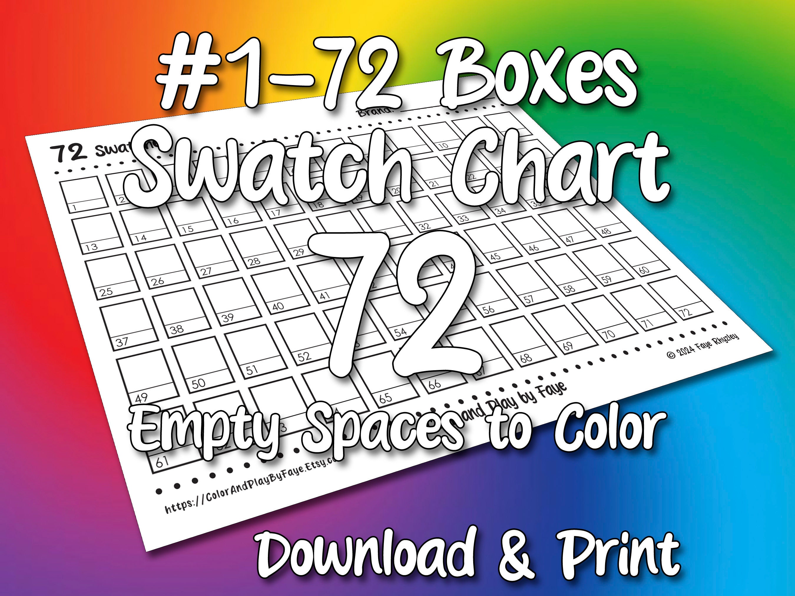 Numbered 1-72 Swatch Chart Printable Page Set of 72 DIY Color Chart ...