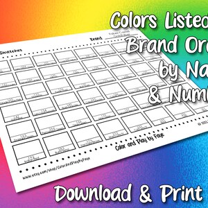 May include: A printable chart with 48 blank squares for color swatches. The chart is labeled "48 Swatches" and "Colors Listed in Brand Order by Name & Number". The text "Color and Play by Faye" is at the bottom of the chart.