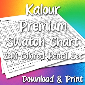 Tabla de muestras Kalour 240 para lápices de colores premium / Página de muestras de la tabla de colores imprimible en PDF / Papel tamaño carta y A4 (EE. UU.)