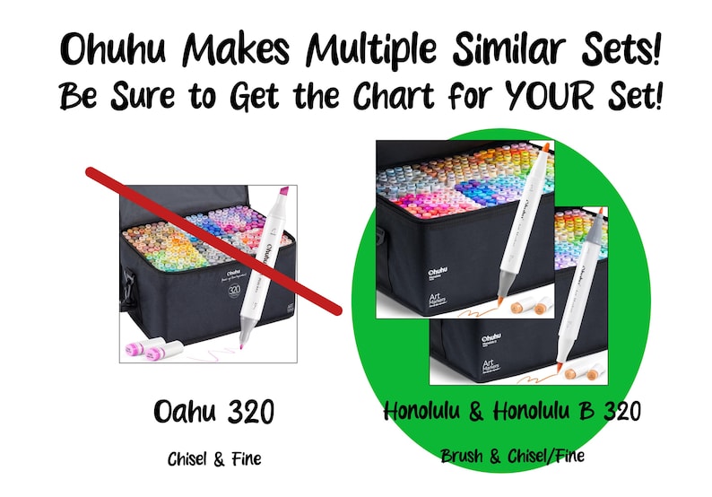 May include: Two sets of Ohuhu alcohol markers in black carrying cases. The set on the left is labeled "Oahu 320" and features chisel and fine tips. The set on the right is labeled "Honolulu & Honolulu B 320" and features brush and chisel/fine tips.