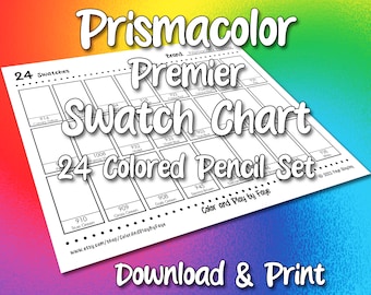 May include: A black and white printable swatch chart for 24 Prismacolor Premier colored pencils. The chart includes the color number and name for each pencil. The chart is labeled "24 Colored Pencil Set" and "Color and Play by Faye".