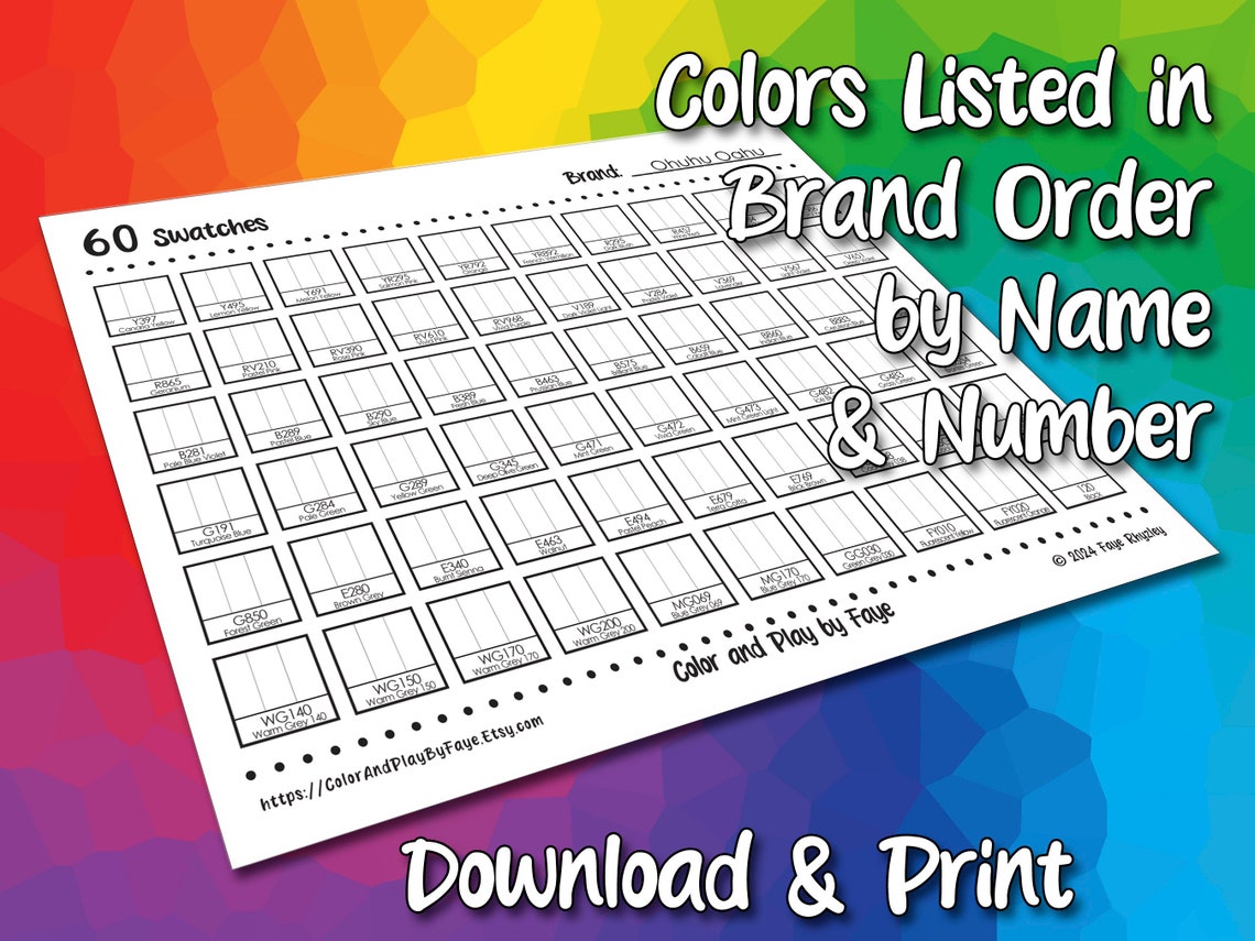 Ohuhu Oahu 60 Marker Swatch Blank Chart Printable DIY Color Chart ...