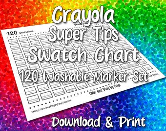 Crayola Super Tips 120 staalkaart voor markeringsset | DIY afdrukbare pdf kleurenkaart staalpagina | Papier van Amerikaans letter- en A4-formaat