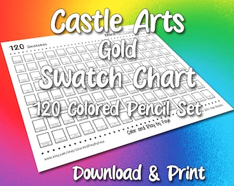 Castle Arts Gold 120 Swatch Chart for Colored Pencil Set | DIY Printable PDF Color Chart Swatch Page | US Letter & A4 Size Paper