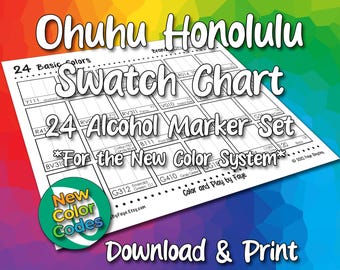 Nuevos números Ohuhu Honolulu 24 Tabla de muestras para juego de marcadores de alcohol con punta de pincel / Página de muestras de color imprimible en PDF para hacer tú mismo / Carta estadounidense y A4