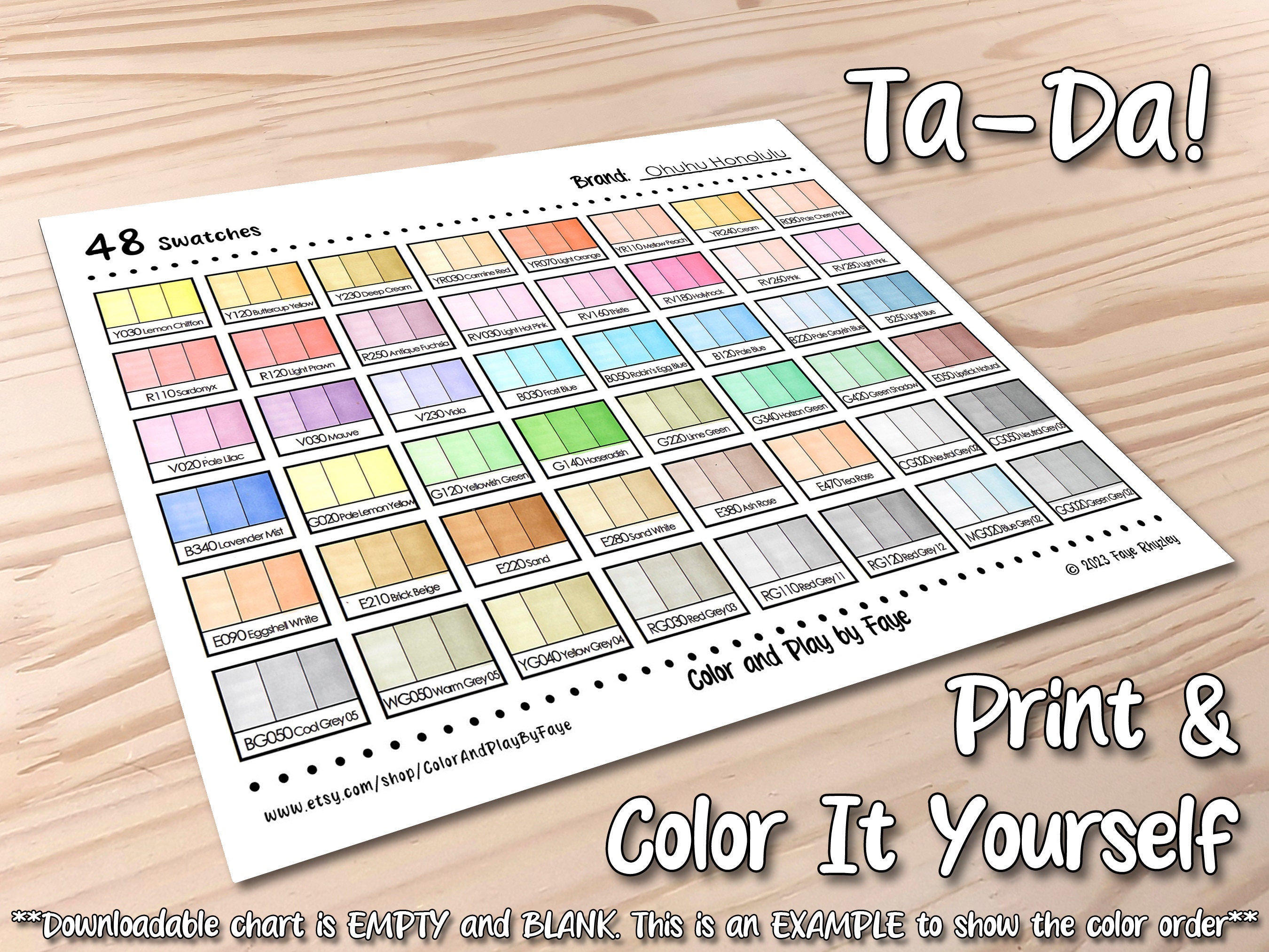 Ohuhu Honolulu 48 Pastel Marker Swatch Blank Chart Printable DIY