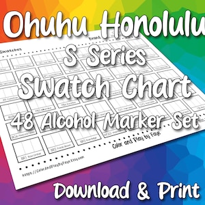 Tabela de Amostras Ohuhu Honolulu 48 para Conjunto de Marcadores com Ponta de Pincel S | Página de Amostras de Cores em PDF para Impressão DIY | Papel Tamanho Carta EUA e A4