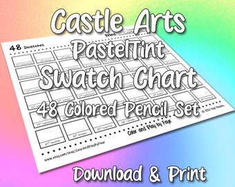 Castle Arts Pasteltint 48 Swatch Chart for Colored Pencil Set | DIY Printable PDF Color Chart Swatch Page | US Letter & A4 Size Paper