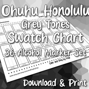Ohuhu Honolulu - Tabela de Amostras 36 para Conjunto de Marcadores de Álcool com Ponta de Pincel em Tons de Cinza | Página de Amostra de Cores em PDF para Impressão DIY | Papel Carta e A4