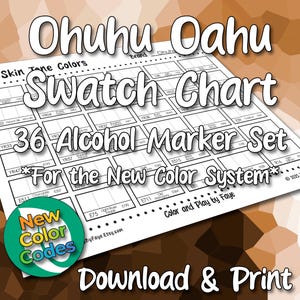 Op de afbeelding: Een witte kleurenpalet voor 36 Ohuhu Oahu alcoholmarkers, met 36 huidtinten. De kaart bevat kleurcodes en de tekst "For the New Color System". Een groene, oranje en blauwe cirkel leest "New Color Codes".
