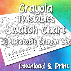 Crayola Twistables 50 Crayon Swatch Chart for Twistable Crayon Set | DIY Printable PDF Color Chart Swatch Page | US Letter & A4 Size Paper
