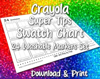 Crayola Super Tips 24 staalkaart voor markeringsset | DIY afdrukbare pdf kleurenkaart staalpagina | Papier van Amerikaans letter- en A4-formaat