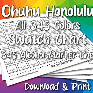 Ohuhu Honolulu 345, nuancier pour jeu de marqueurs à alcool pointe pinceau | Page d'échantillons de nuancier PDF imprimable DIY | Papier au format Lettre US et A4