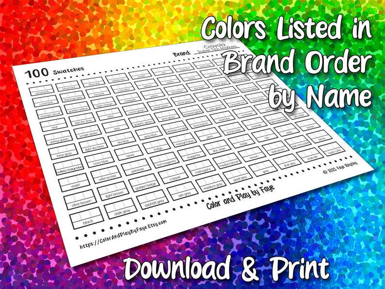 Crayola Super Tips 100 Swatch Chart for Marker Set | DIY Printable PDF ...