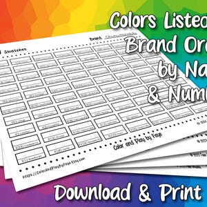 May include: A printable sheet with 320 blank squares for organizing and labeling paint swatches. The sheet is titled "Colors Listed in Brand Order by Name & Number" and includes the brand name "Chubuttonshu".