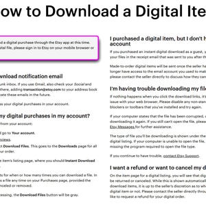 May include: An informational guide titled How to Download a Digital Item, featuring black text on a white background. It provides instructions for locating download emails, accessing purchases in an account, and troubleshooting common download issues.