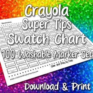 Crayola Super Tips 100 staalkaart voor markeringsset | DIY afdrukbare pdf kleurenkaart staalpagina | Papier van Amerikaans letter- en A4-formaat