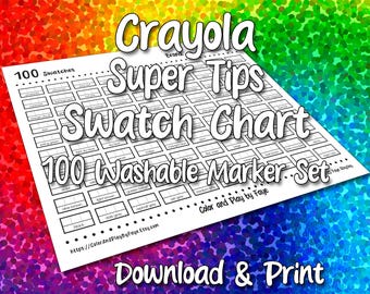 Crayola Super Tips 100 staalkaart voor markeringsset | DIY afdrukbare pdf kleurenkaart staalpagina | Papier van Amerikaans letter- en A4-formaat