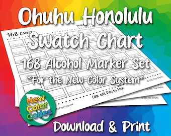 Tabla de muestras New Numbers Ohuhu Honolulu 168 para juego de rotuladores de alcohol con punta de pincel / Página para colorear en PDF imprimible / Tamaño carta y A4