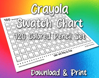 May include: A printable black and white swatch chart for 120 Crayola colored pencils. The chart has 120 squares, each with a dotted border and a space for the color name. The text "Crayola Swatch Chart 120 Colored Pencil Set" is at the top of the chart. The text "Color and Play by Faye" is at the bottom of the chart.