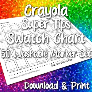 Tableau de 50 échantillons Super Tips Crayola pour jeu de marqueurs | Page d'échantillons de nuancier PDF imprimable DIY | Papier au format Lettre US et A4