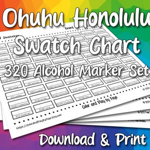 Tabela de Amostras Ohuhu Honolulu 320 para Conjunto de Marcadores de Álcool com Ponta de Pincel | Página de Amostra de Cores em PDF para Impressão DIY | Papel Tamanho Carta EUA e A4