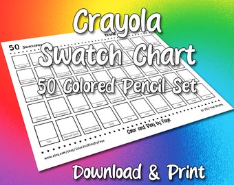 May include: A printable Crayola Swatch Chart for 50 colored pencils. The chart has 50 blank squares for coloring in with the pencils. The chart is labeled "50 Swatch Chart" and "50 Colored Pencil Set".