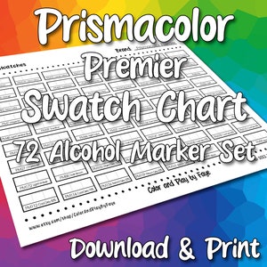 Tabela de Amostras Prismacolor 72 para Conjunto de Marcadores de Álcool com Ponta de Cinzel | Página de Amostra de Tabela de Cores em PDF para Impressão DIY | Papel Tamanho Carta EUA e A4
