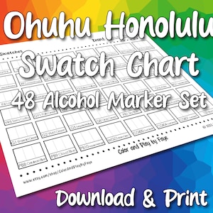 Ohuhu Honolulu - Tabela de Amostras 48 para Conjunto de Marcadores de Álcool com Ponta de Pincel | Página de Amostra de Cores em PDF para Impressão DIY | Papel Tamanho Carta EUA e A4