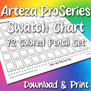 Tabla de muestras de Arteza 72 para lápices de colores Pro Series / Página de muestras de la tabla de colores imprimible en PDF / Papel tamaño carta y A4 (EE. UU.)