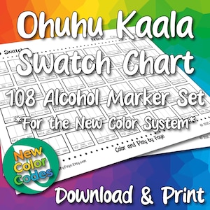 May include: A white swatch chart for Ohuhu Kaala 108 alcohol markers. The chart includes 108 colour swatches, with the text "Swatch Chart" and "108 Alcohol Marker Set". The image also includes the text "For the New Colour System".