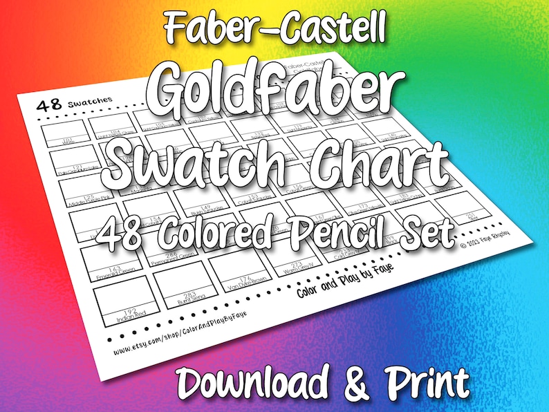 May include: A black and white printable swatch chart for 48 Faber-Castell Goldfaber colored pencils. The chart has 48 squares, each labeled with a number and a color name. The chart is titled "48 Swatches" and "48 Colored Pencil Set".