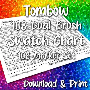 Tabla de muestras Tombow 108 para rotuladores de doble pincel / Página de muestras de la tabla de colores imprimible en PDF / Papel tamaño carta y A4 (EE. UU.)