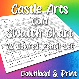 Castle Arts goud 72 staalkaart voor kleurpotloodset | DIY afdrukbare pdf kleurenkaart staalpagina | Papier van Amerikaans letter- en A4-formaat