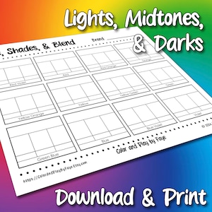 Tabla de tonos y sombras en blanco / Página de muestra de la tabla de colores en PDF imprimible / Papel tamaño carta y A4 (EE. UU.)