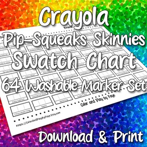 Puede incluir: Una tabla de muestras imprimible en blanco y negro para 64 marcadores lavables Crayola Pip-Squeaks Skinnies. La tabla incluye el nombre de cada color de marcador.