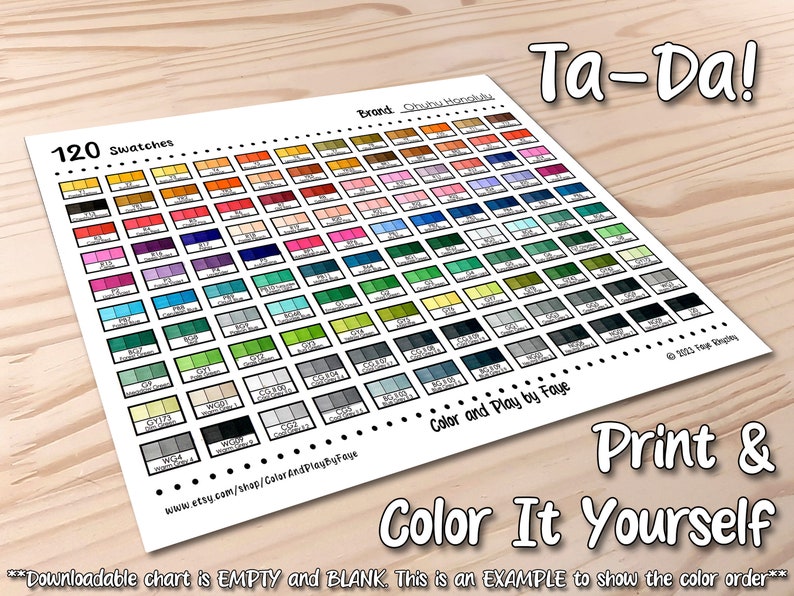 Ohuhu Honolulu 120 Marker Swatch Blank Chart Printable DIY Color Chart ...