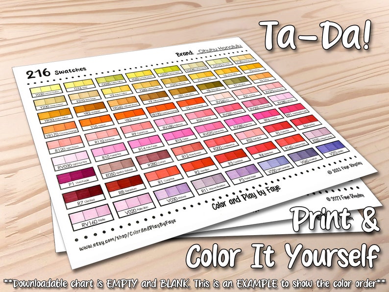 Ohuhu Honolulu 216 Marker Swatch Blank Chart Printable DIY Color Chart ...