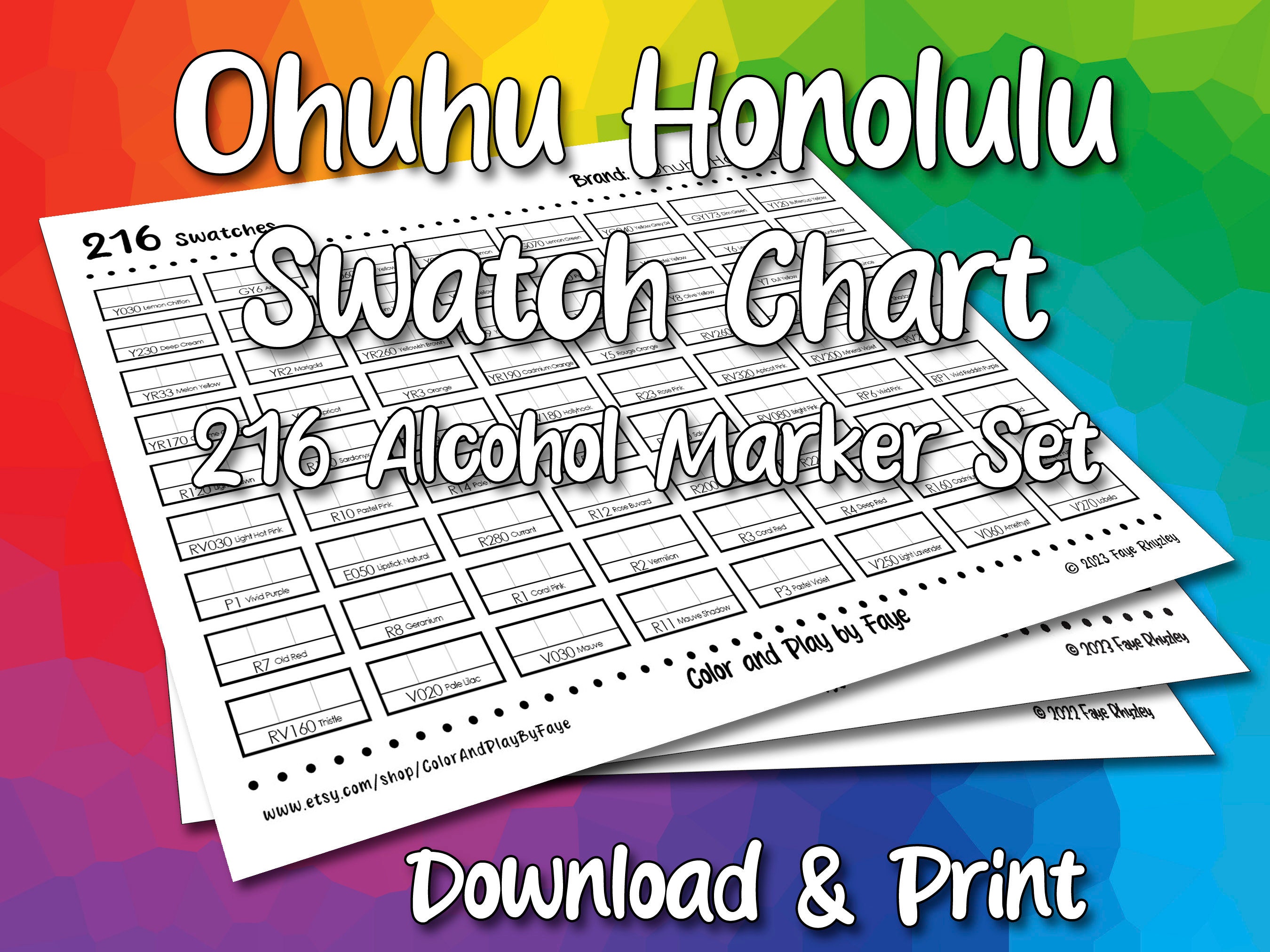 Custom Ohuhu Color Chart for 216 Honolulu Set plus Skin Tone Set