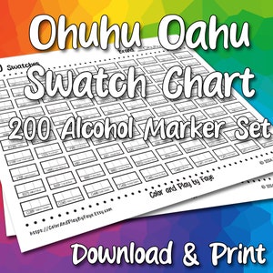 Tabla de muestras Ohuhu Oahu 200 para juego de marcadores de alcohol con punta biselada / Página de muestra de la tabla de colores imprimible en PDF / Papel tamaño carta y A4 (EE. UU.)